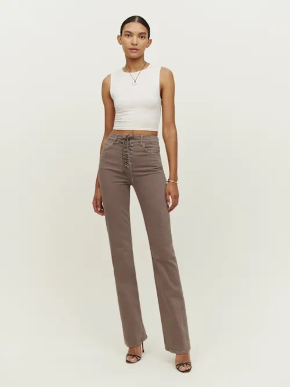 Reformation Rossi Lace-Up High-Rise Jeans — Taupe